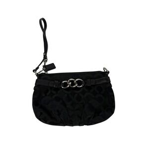 Coach Womens Monogram Print Silver Tone Chain Link Wristlet Handbag Black